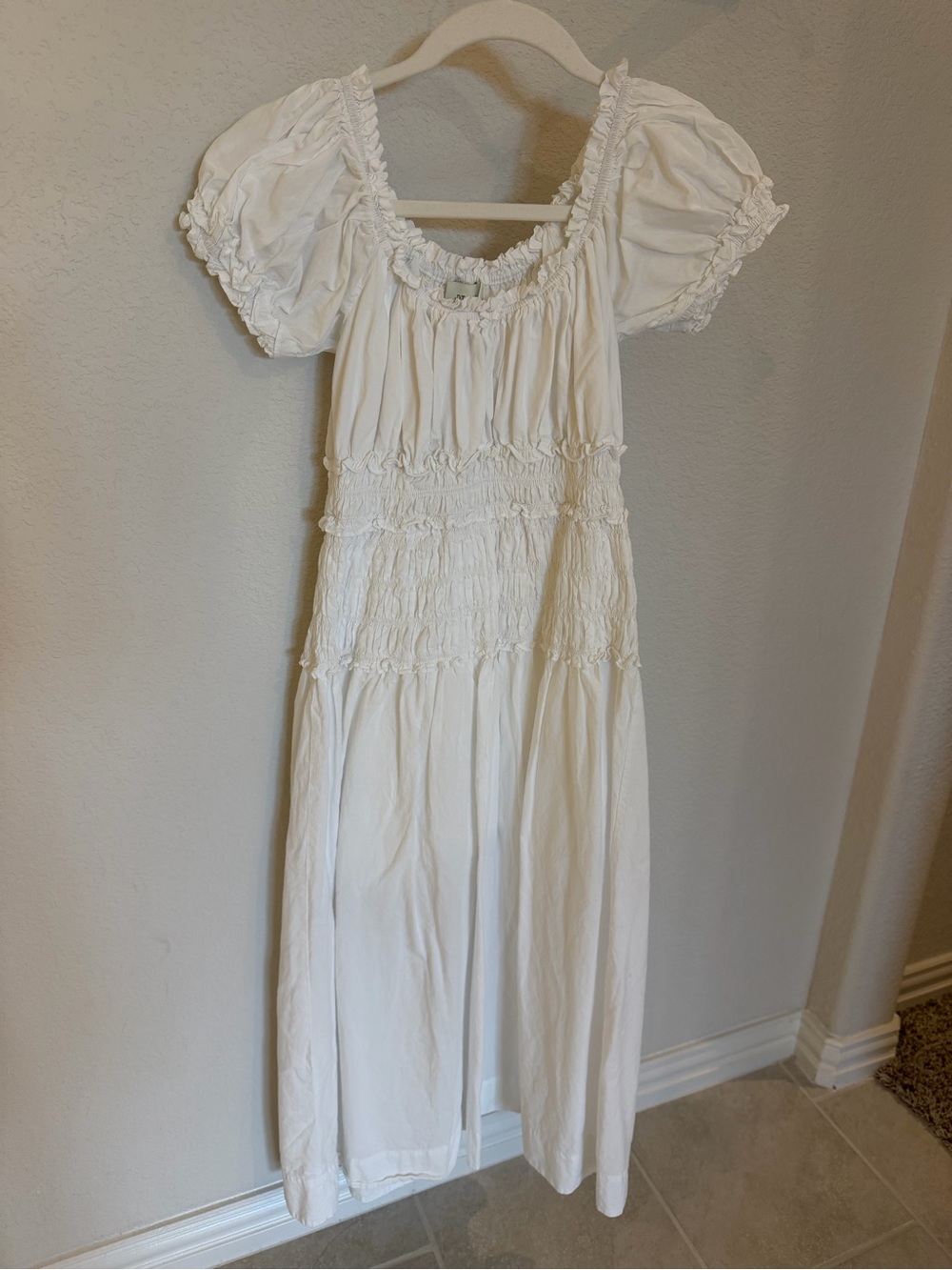 White Smocked Midi Dress with Puff Sleeves